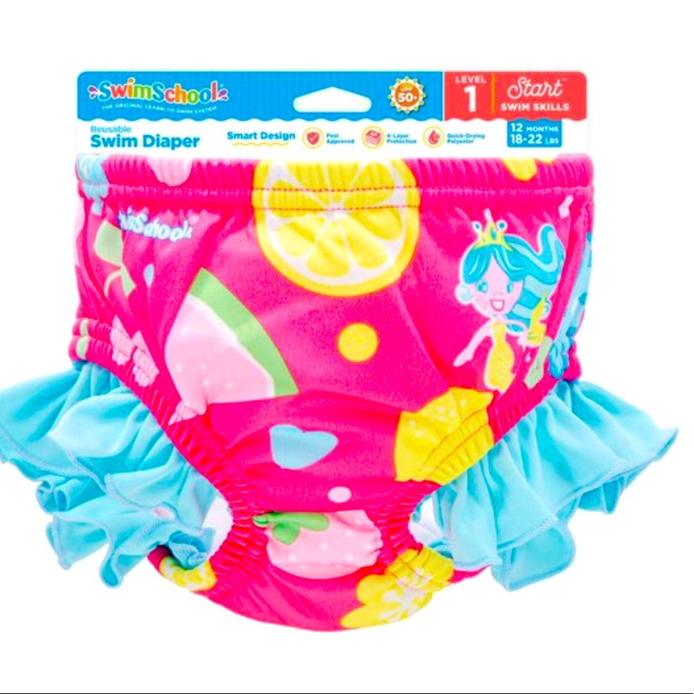 Girls Swim School Pink Mermaid Reusable Swim Diapers 12 Mo. (18-22 lbs) Level 1